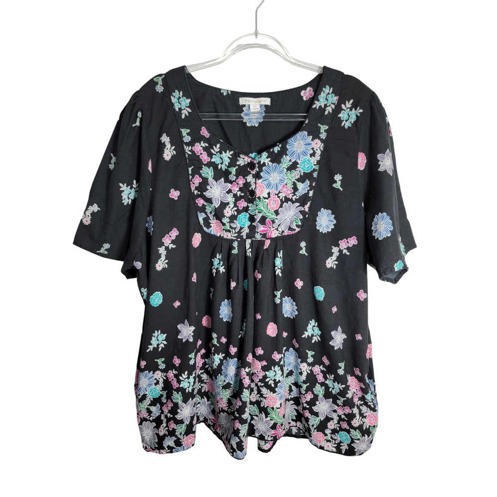 Dreams & Co Womens 26/28 2X Tunic Top Black Floral Cotton Short Sleeve Pockets